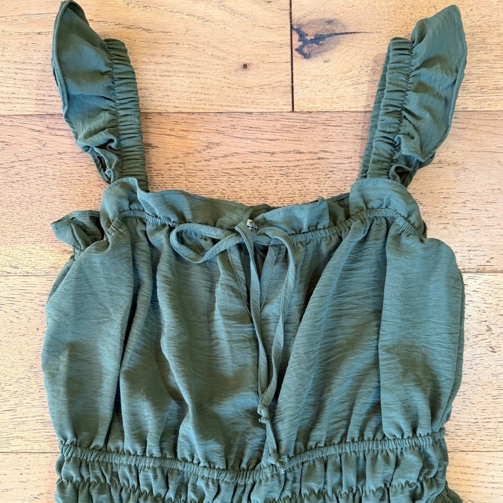 Liberty Love Olive Green‎ Wide Leg Ruffle Strap Smocked Waist Jumpsuit XL (1263)